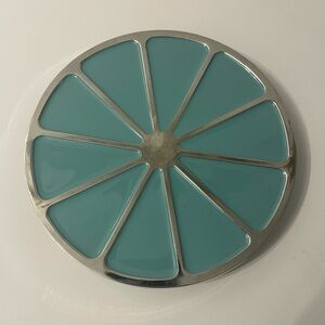 Crate & Barrel Teal and Silver Colour Metal Trivet Footed 7” Diameter